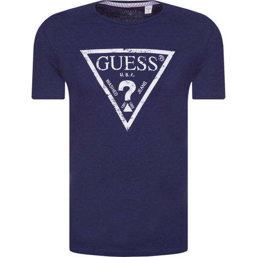 Niebieski t-shirt męski Guess z krótkimi rękawami z napisem 