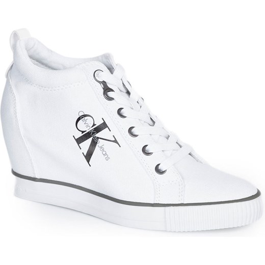 Białe sneakersy damskie Calvin Klein na koturnie sznurowane bez wzorów 