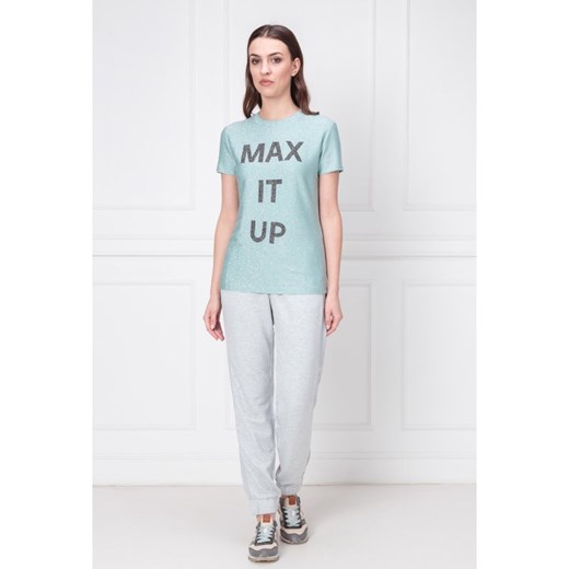 Miętowa bluzka damska Max & Co. z okrągłym dekoltem z krótkimi rękawami z napisami 