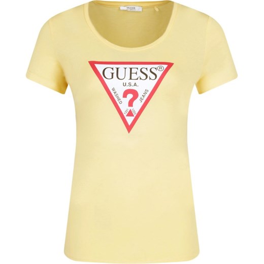 Bluzka damska Guess Jeans żółta w stylu młodzieżowym z krótkimi rękawami 