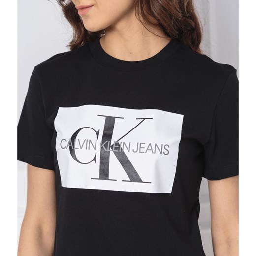 Calvin Klein bluzka damska czarna w nadruki z krótkim rękawem z okrągłym dekoltem 