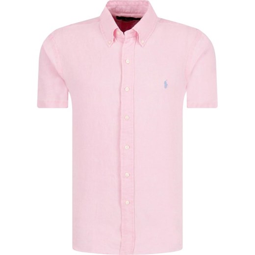 Koszula męska różowa Polo Ralph Lauren z lnu z kołnierzykiem button down bez wzorów 
