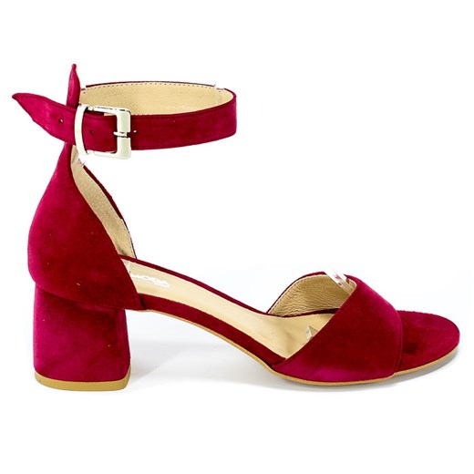 Sandały damskie czerwone Euro Moda eleganckie na średnim obcasie bez wzorów skórzane 