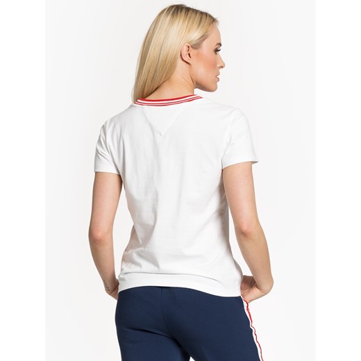 Bluzka damska biała Tommy Jeans z okrągłym dekoltem z krótkim rękawem tkaninowa 