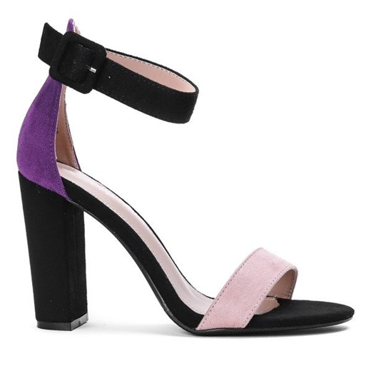 Czarne sandały na słupku z różowym paseczkiem i fioletowym zapiętkiem Denice - Obuwie