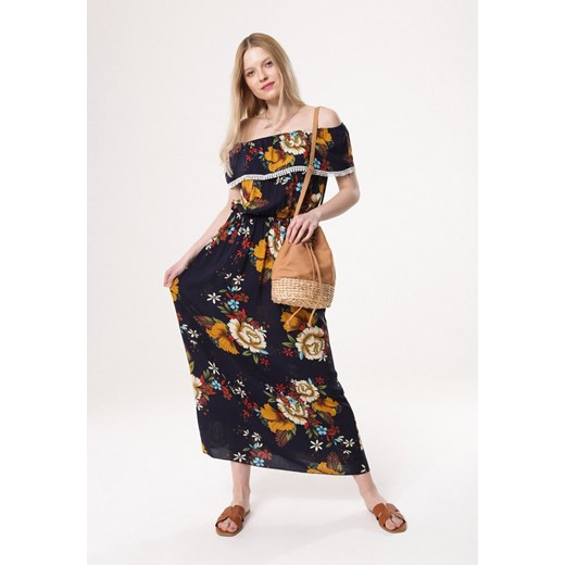 Sukienka Born2be maxi na spacer z odkrytymi ramionami z krótkim rękawem casualowa z dekoltem typu hiszpanka 
