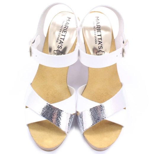 Mariettas sandały damskie skórzane srebrne casual na wysokim obcasie z klamrą 