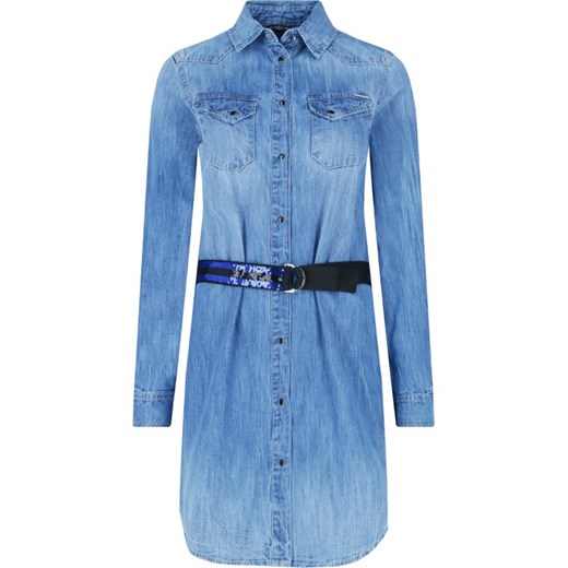 Niebieska sukienka Guess Jeans mini koszulowa z długimi rękawami na spacer 