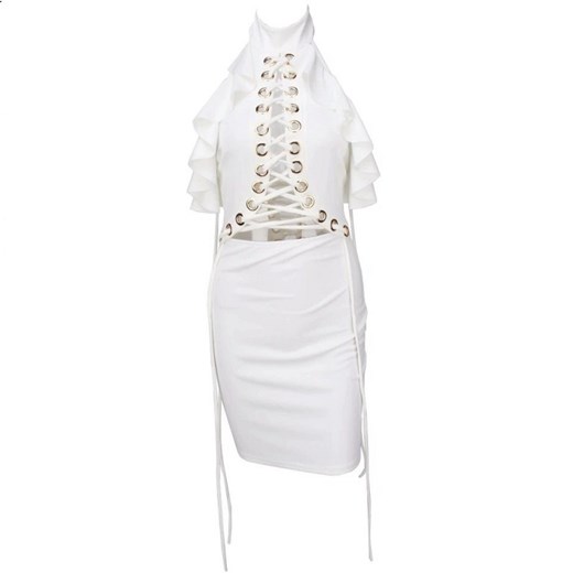 Sukienka z dekoltem halter bez rękawów z aplikacją biała 