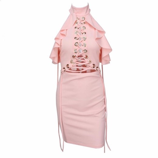 Sukienka bez rękawów prosta różowa z dekoltem halter mini 