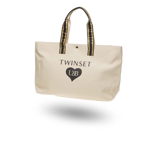 Shopper bag Twin Set beżowa w stylu młodzieżowym na ramię mieszcząca a7 z kolorowym paskiem 