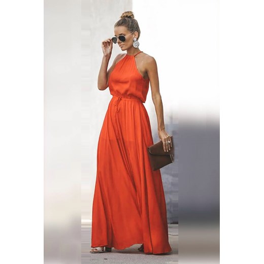 Sukienka Ivet.pl czerwona bez rękawów bez wzorów maxi elegancka