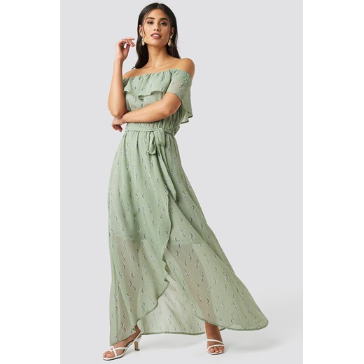 Sukienka zielona Rut&Circle maxi z dekoltem typu hiszpanka 