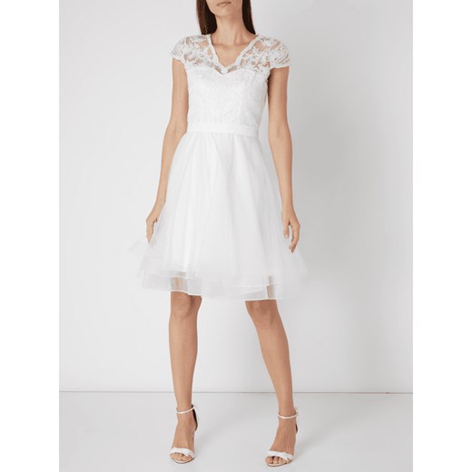 Sukienka Unique z krótkim rękawem biała na ślub cywilny z dekoltem w literę v elegancka midi 