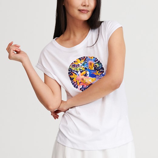 Reserved - T-shirt z nadrukiem i haftem - Biały  Reserved XL 