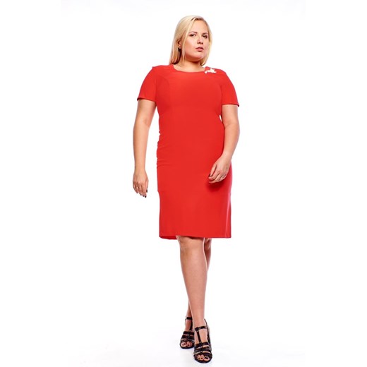 Sukienka Fokus czerwona bez wzorów na spotkanie biznesowe midi elegancka z krótkimi rękawami dla puszystych 