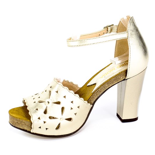 Euro Moda sandały damskie złote na wysokim obcasie gładkie z klamrą na 