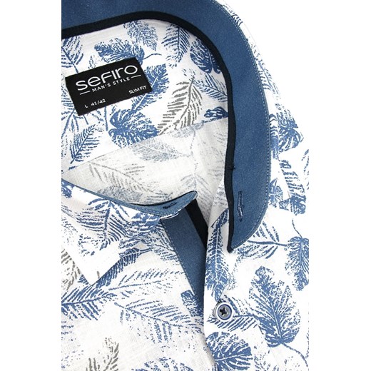 Lniana Koszula Męska Sefiro biała w niebieskie listki SLIM FIT na krótki rękaw K917  Sefiro 43/44 swiat-koszul.pl