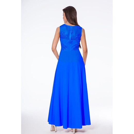 Marconi sukienka niebieska z dekoltem w serek maxi na wesele prosta 