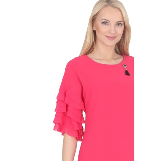 Sukienka Margo Collection z długim rękawem różowa prosta z okrągłym dekoltem
