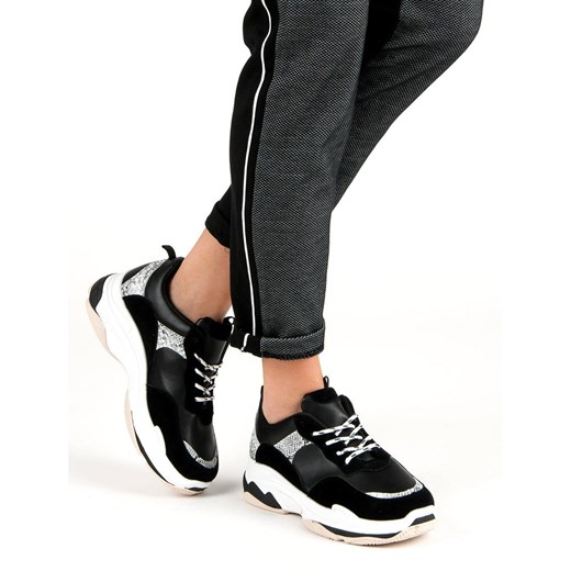 Sneakersy damskie czarne Butymodne wiązane sportowe na platformie wiosenne bez wzorów 
