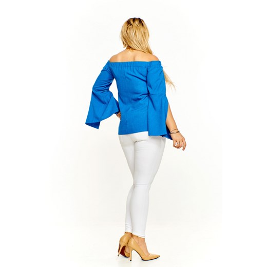 Niebieska bluzka damska Exclusive z dekoltem typu hiszpanka z długim rękawem 