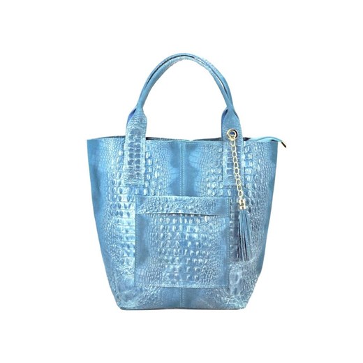 Shopper bag Patrizia Piu niebieska z frędzlami na ramię 