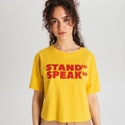 Cropp - Koszulka z napisem - Żółty Cropp  S 