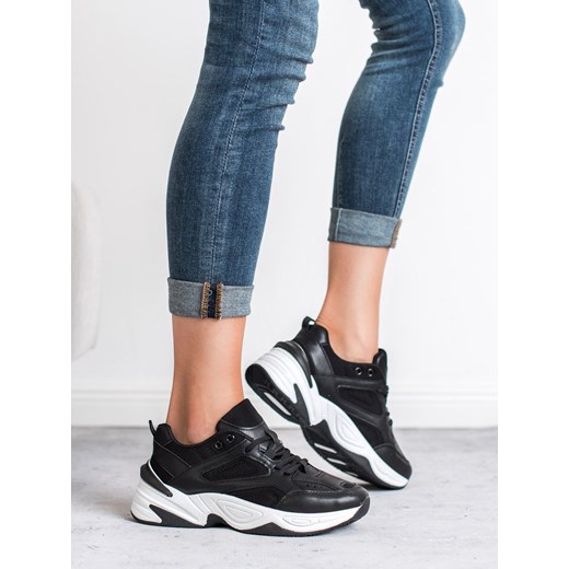 Buty sportowe damskie CzasNaButy sneakersy czarne bez wzorów na wiosnę sznurowane 