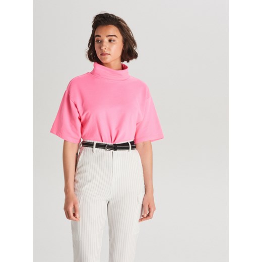 Bluzka damska Cropp wiosenna z krótkimi rękawami różowa z golfem 