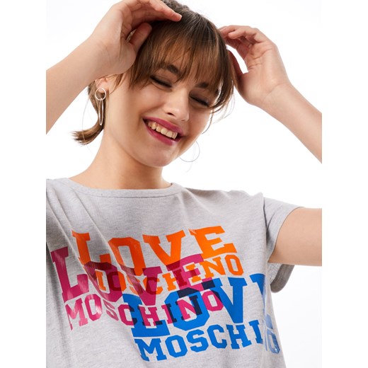 Love Moschino bluzka damska szara młodzieżowa z okrągłym dekoltem z krótkim rękawem 