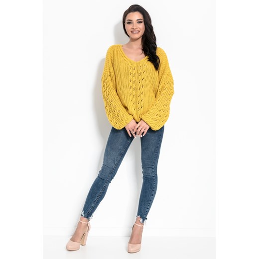 Sweter damski żółty Fimfi z dekoltem w serek casual 