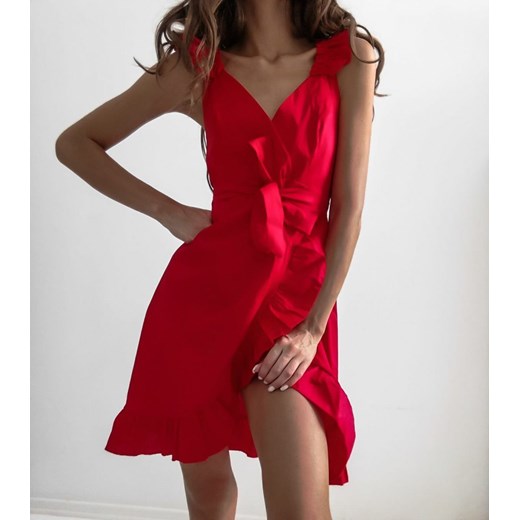 Sukienka czerwona z bawełny na randkę asymetryczna bez rękawów 