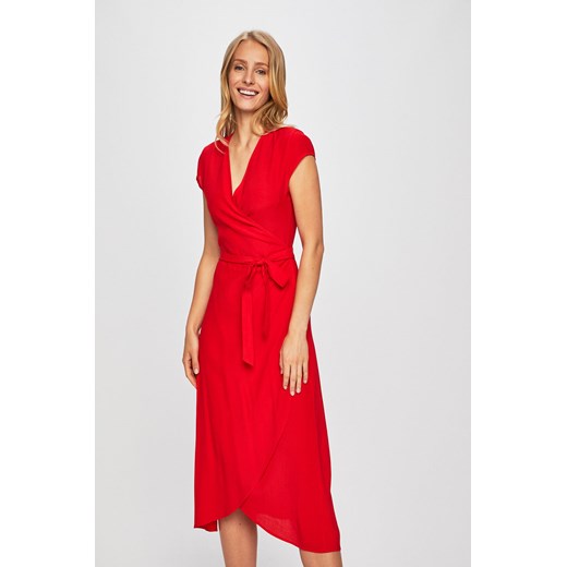 Sukienka Answear czerwona elegancka w serek z krótkimi rękawami na wiosnę 