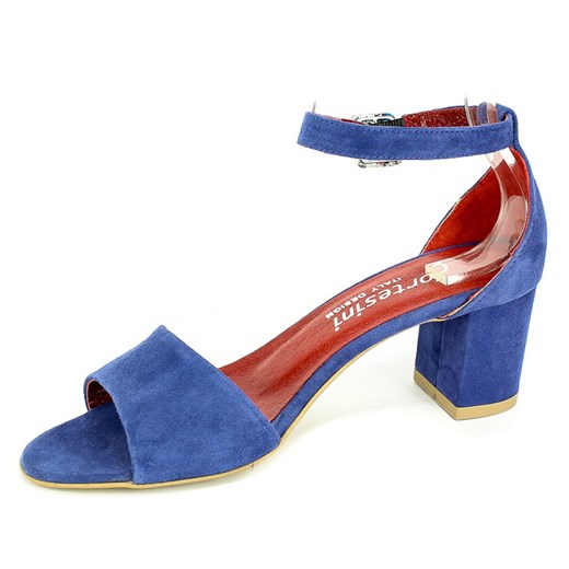 Cortesini sandały damskie niebieskie z klamrą gładkie na średnim obcasie eleganckie 