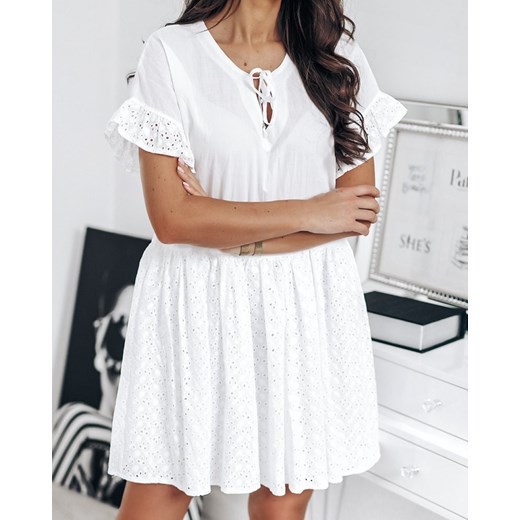 Sukienka biała z krótkim rękawem casual oversize mini z żabotem 