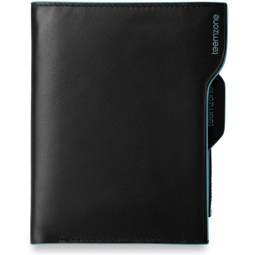 Skóra naturalna  pionowy portfel męski - czarny z niebieskim