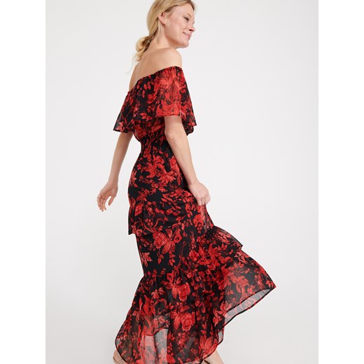 Sukienka czerwona Reserved w abstrakcyjne wzory na spacer maxi z dekoltem typu hiszpanka 