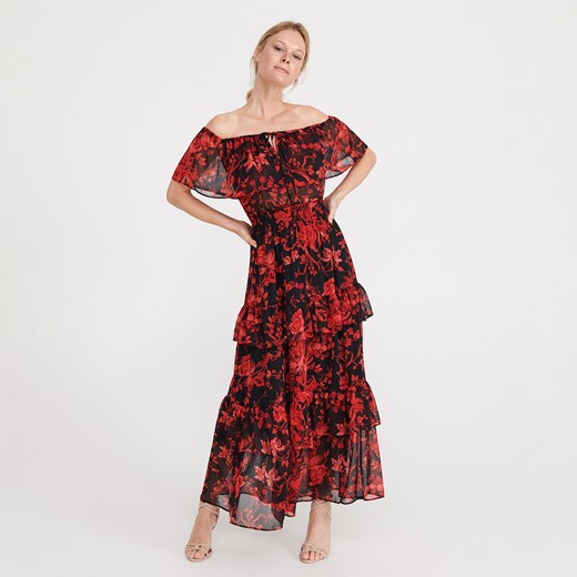 Sukienka Reserved z dekoltem typu hiszpanka w abstrakcyjne wzory na spacer z krótkim rękawem maxi 