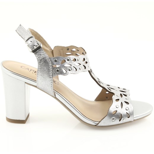 Sandały damskie Buty Caprice srebrne skórzane z klamrą bez wzorów na obcasie na średnim 