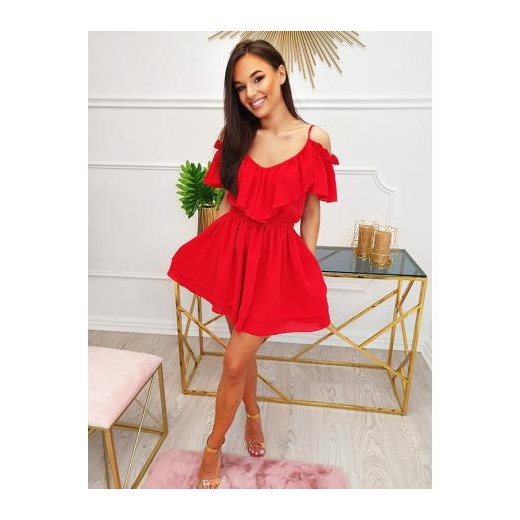 Sukienka czerwona z szyfonu elegancka bez wzorów 