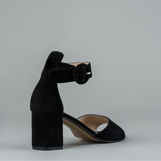 Sandały damskie Maxoni na słupku gładkie czarne na średnim obcasie z zamszu eleganckie 