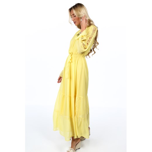 Żółta sukienka boho ze stójką 4186 fasardi  M/L fasardi.com