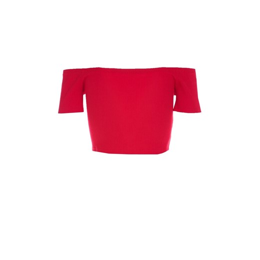 Bluzka damska czerwona Born2be z dekoltem typu hiszpanka z krótkimi rękawami 