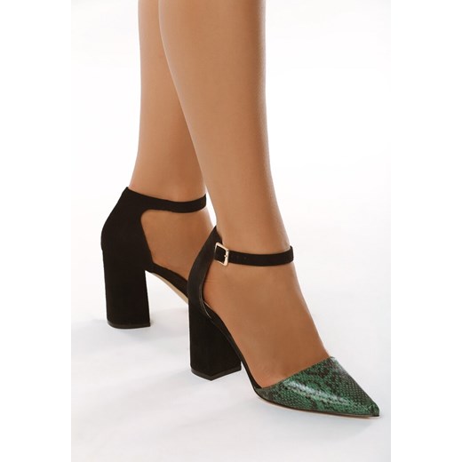 Czółenka Born2be zielone w zwierzęcy wzór ze szpiczastym noskiem eleganckie z klamrą na słupku 