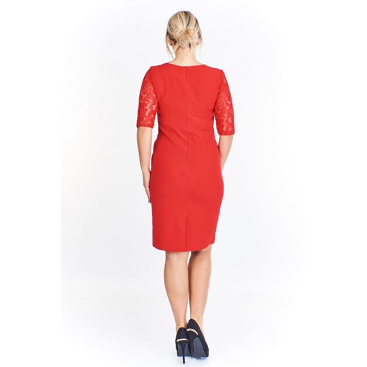 Sukienka Ptakmoda.com elegancka z okrągłym dekoltem z krótkim rękawem czerwona jesienna ołówkowa midi 