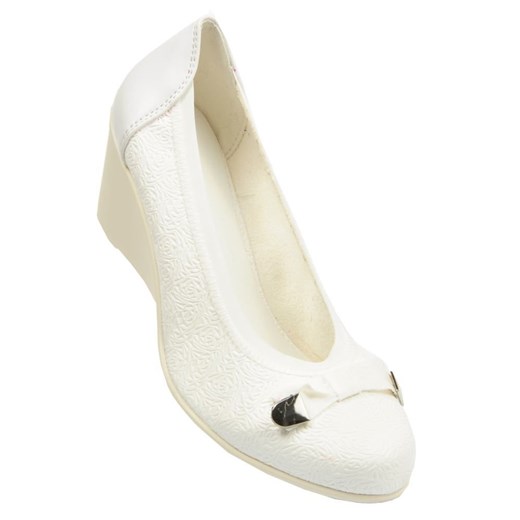 Czółenka Lucky Shoes na średnim obcasie białe eleganckie bez zapięcia z okrągłym noskiem 