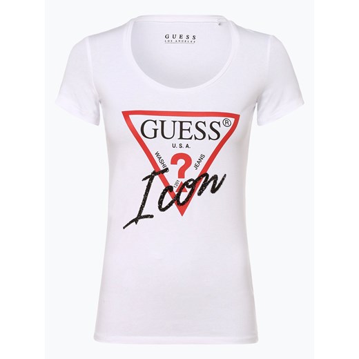 Bluzka damska Guess Jeans z napisami biała z okrągłym dekoltem 