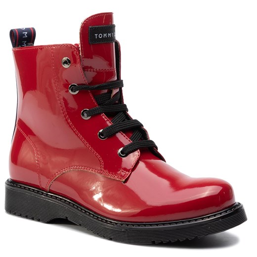 Buty zimowe dziecięce czerwone Tommy Hilfiger kozaki z tworzywa sztucznego sznurowane 