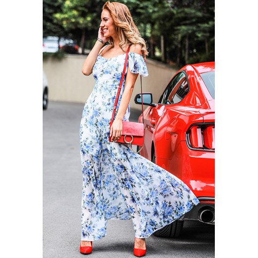 Sukienka wielokolorowa Ivet.pl na spacer z odkrytymi ramionami z dekoltem typu hiszpanka 